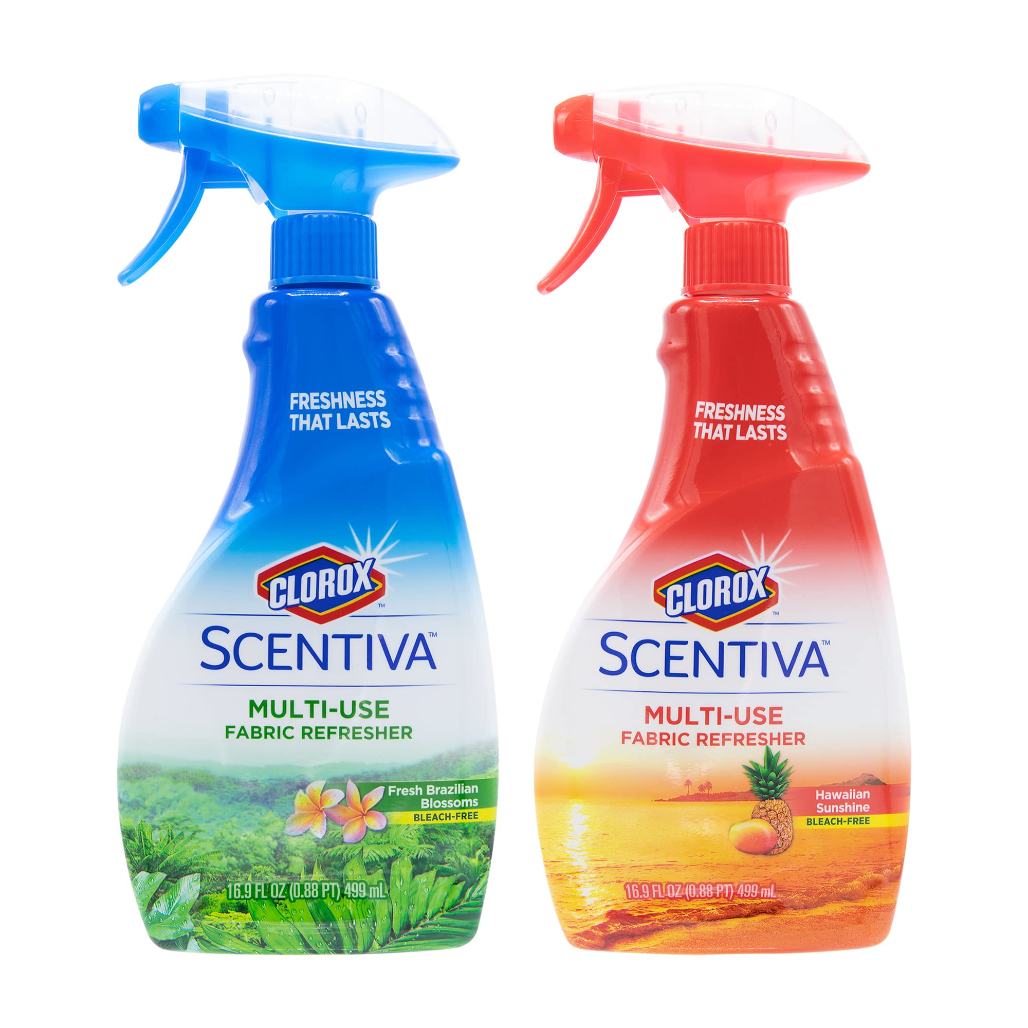 Clorox Scentiva Multi-Use Fabric Refresher Spray Bundle, Hawaiian Sunshine &amp; Fresh Brazilian Blossoms, 16.9 Fl Oz Each - Fabric Freshening Spray, Fabric Deodorizer - Long Lasting Freshness