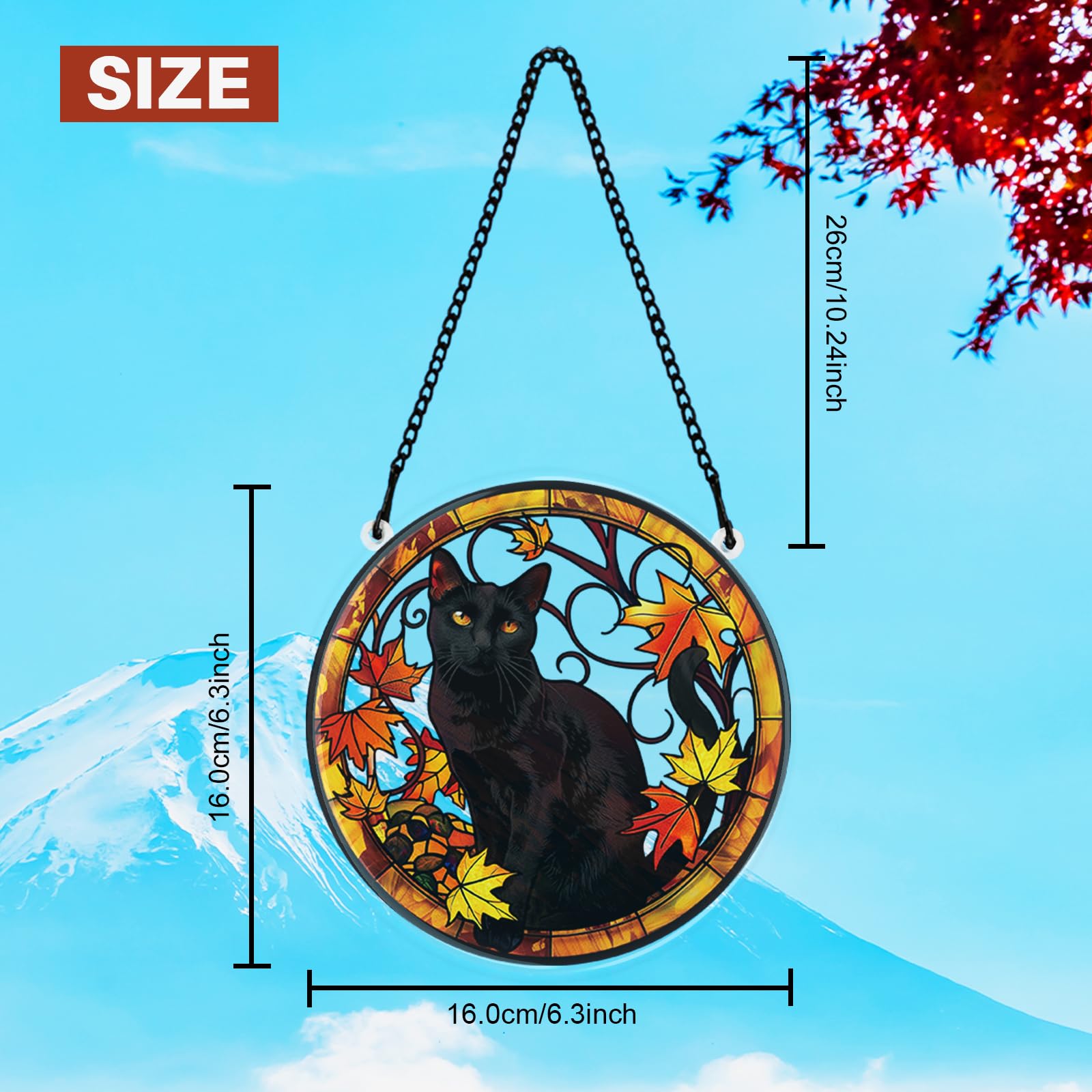Attrape-soleil Halloween En Acrylique - Chat Noir Et Feuilles D'érable, 16 Cm De Diamètre, Avec Chaîne Métal 26 Cm