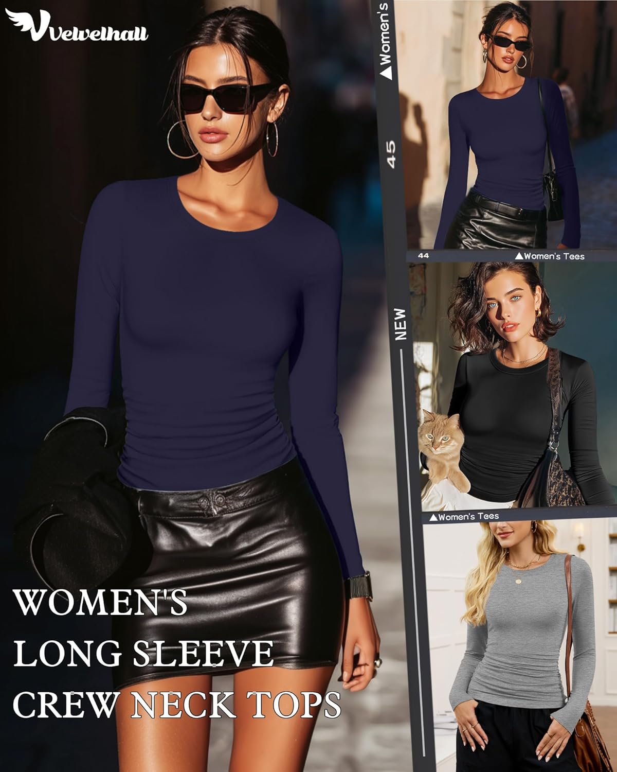 3 Pack Women's Long Sleeve Shirts, Crew Neck Side Ruched Tops Slim Fit Casual T Shirts Basic Fashion Tight Tees - Image 2