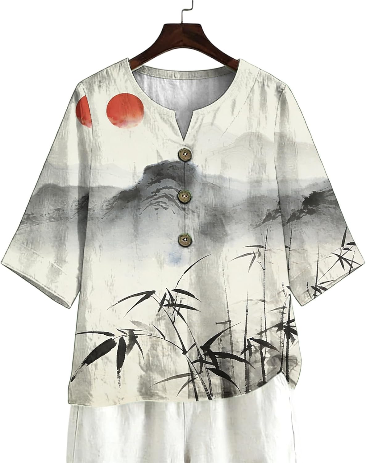 Womens Printed Cotton Linen Shirt - Fashion 3/4 Sleeve V-Neck Top, Lightweight Button-Down Blouse for Summer Wear