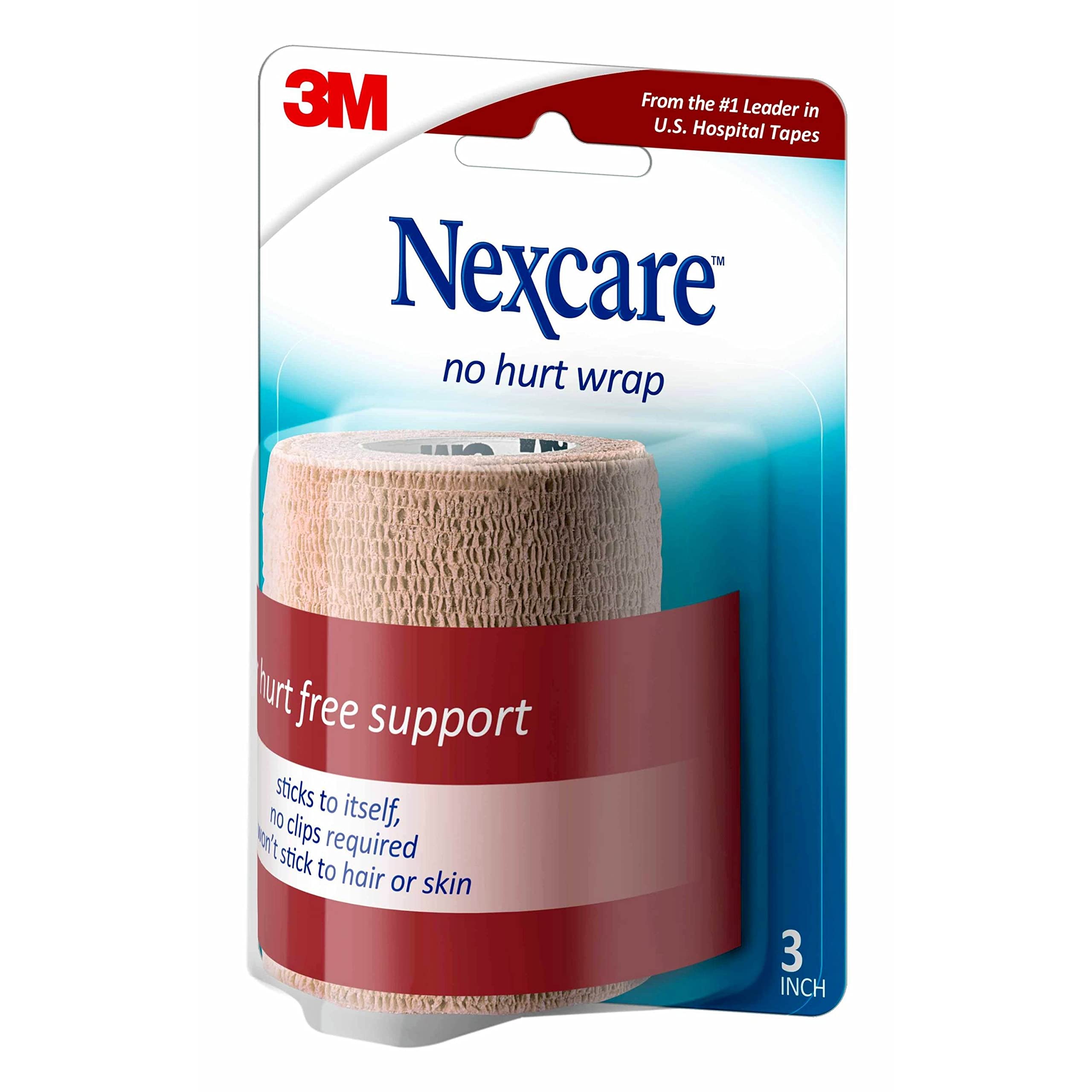 Nexcare No Hurt Wrap Tan 3 in x 2.2 yds - Skin-Tone Self-Adhesive Cohesive Compression Bandage, Sticks to Itself Not Skin or Hair, Painless Removal, Discreet Wrist Ankle & Joint Support Wrap
