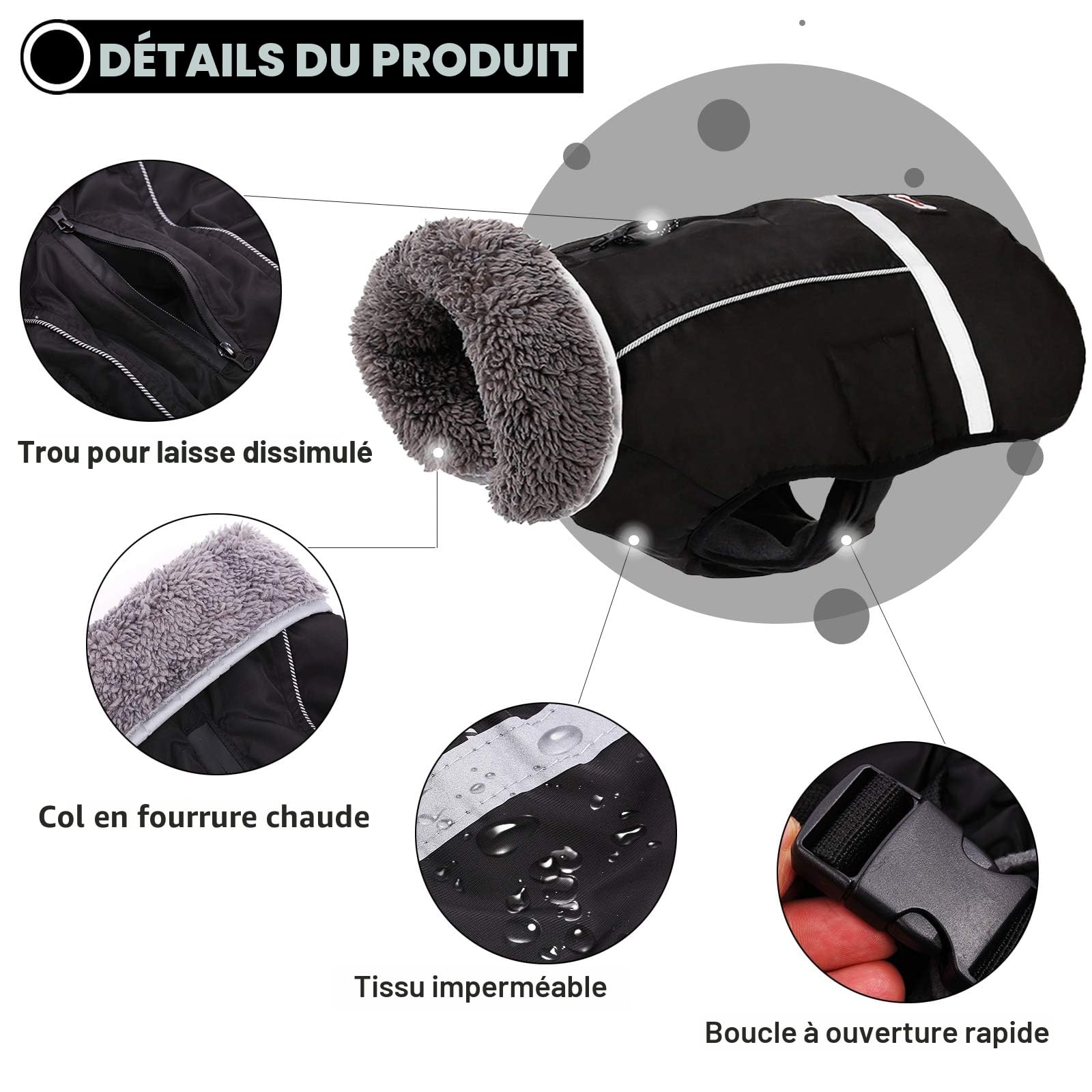 Manteau Chaud pour Chien - Réfléchissant - Imperméable - Coupe-Vent - Col roulé - Doublure en Polaire épaisse - Vêtement pour Animaux de Compagnie - Gilet réglable pour Toutes Les Tailles de Chien -