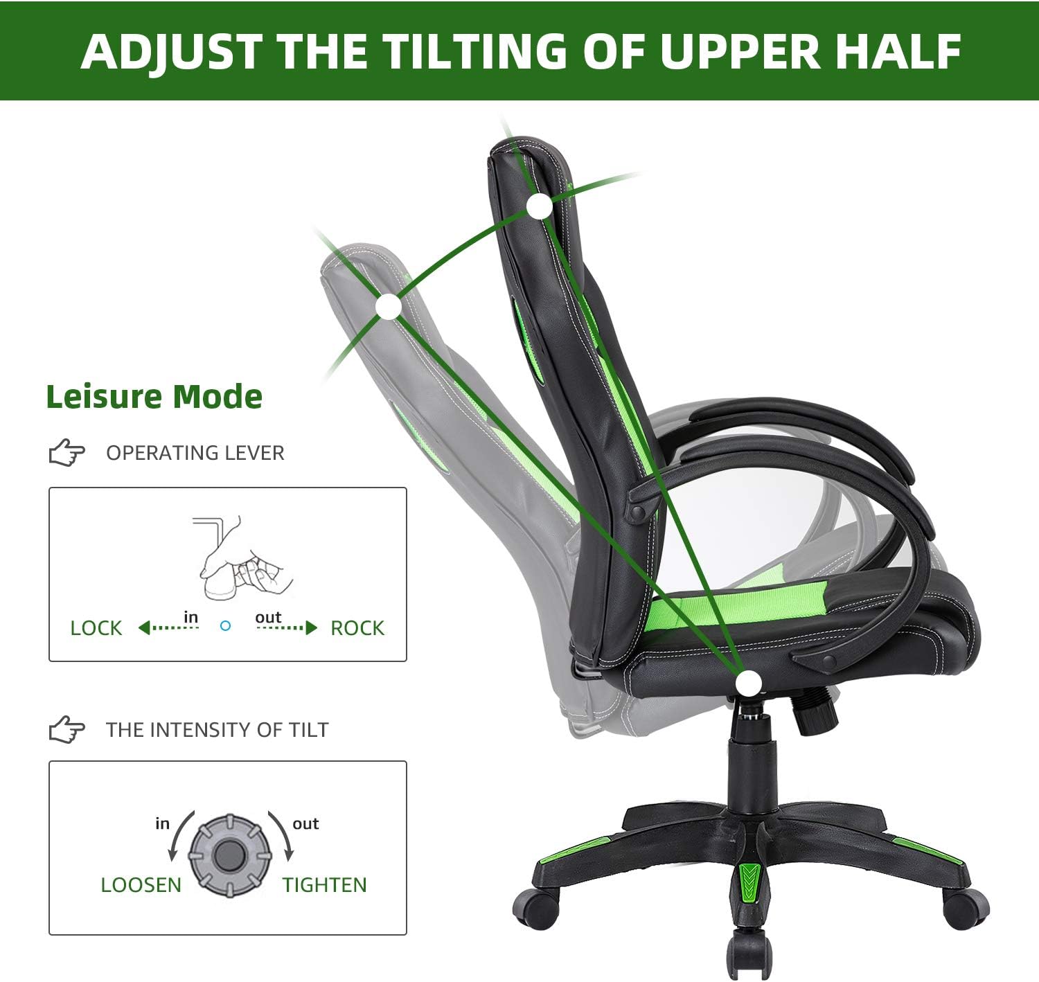 Seatingplus Video Gaming Chair, High Back Adjustable Racing Style Computer Office Chair, Bonded Leather Mesh Desk Chair with Height Adjustment and Padded Armrests (Green)