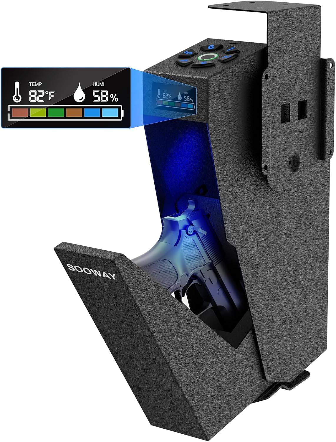 Gun Safe, Mounted Biometric Pistol Safe Drop Down Gun Lock Box for Handgun with 3 Ways Quick Access Bedside Pistol Case for Nightstand, Desk, Wall, Dresser