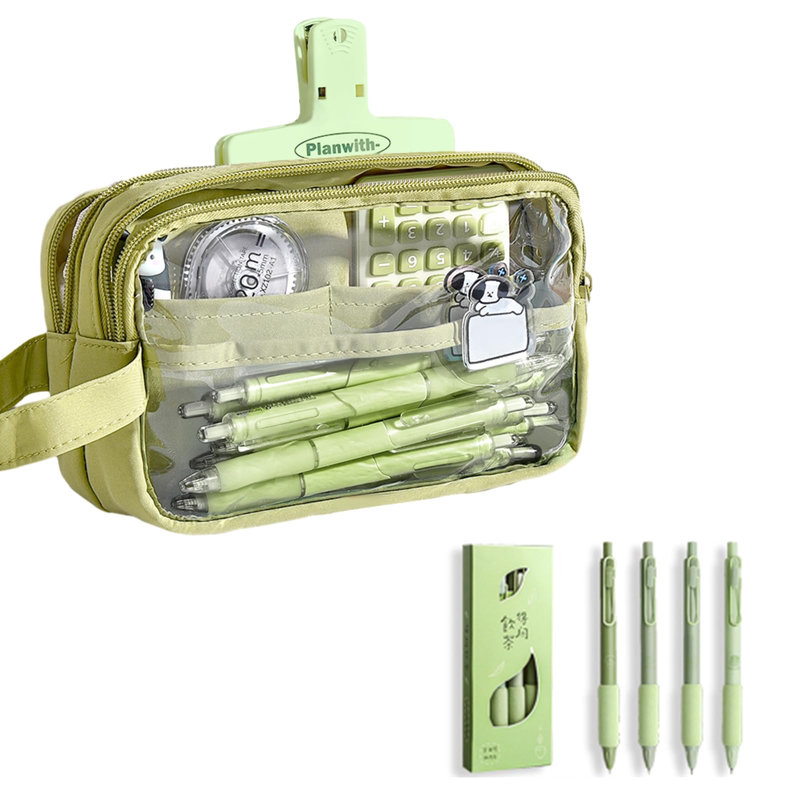 MILLEVIBE ITA Pencil Pouch, Large Capacity Office Pen Case with 5 Compartments & Clear Window & Handle, Portable Organizer Bag for Adults (Green+4Pens)