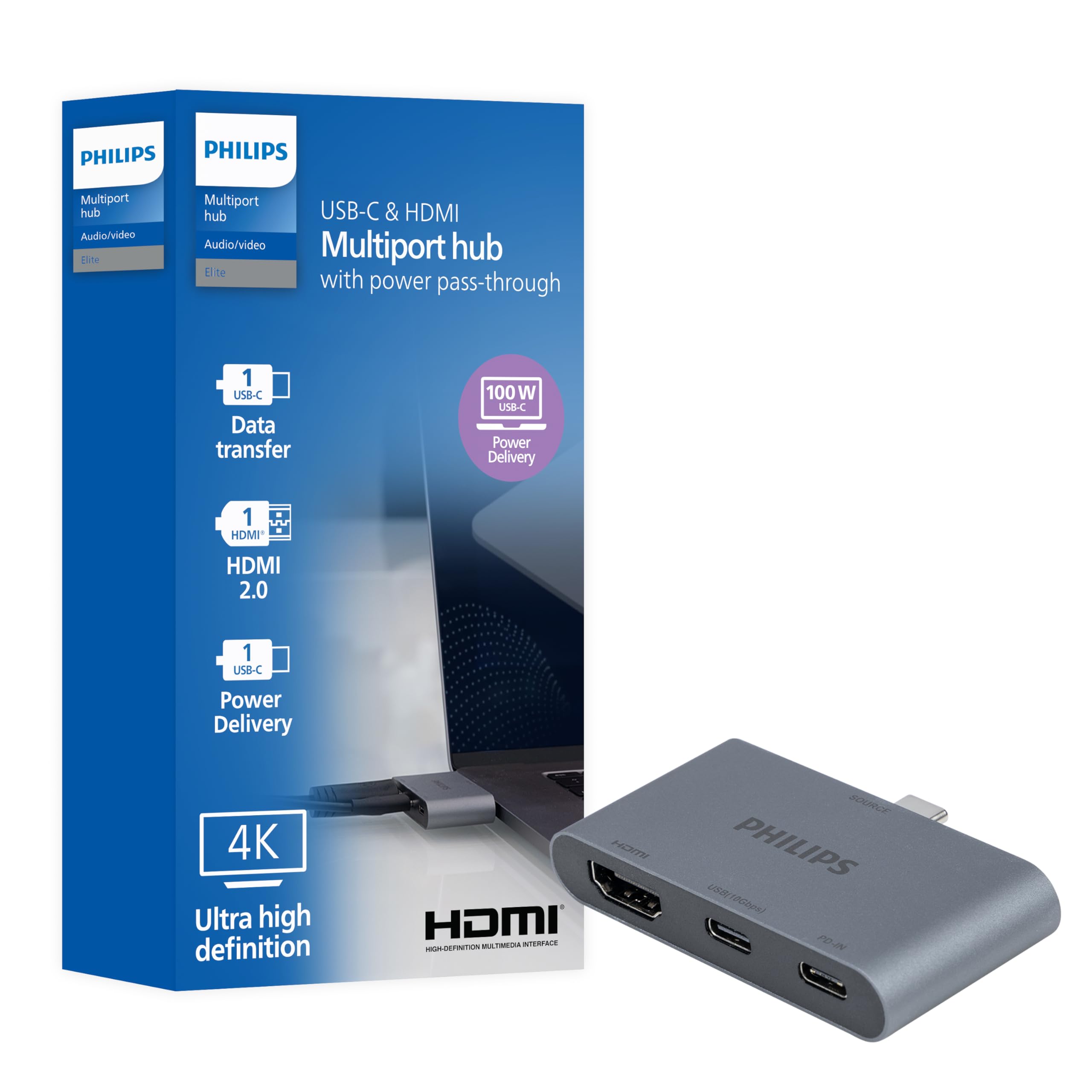 Philips USB-C Multiport Hub, with 4K HDMI Display, 10bps and 2 5Gbps USB-A Data Ports, 100 Watt Power delivery, Multi Device Connector, for Phone, Tablet or Laptop, Gray/Silver, SWL3303M/37