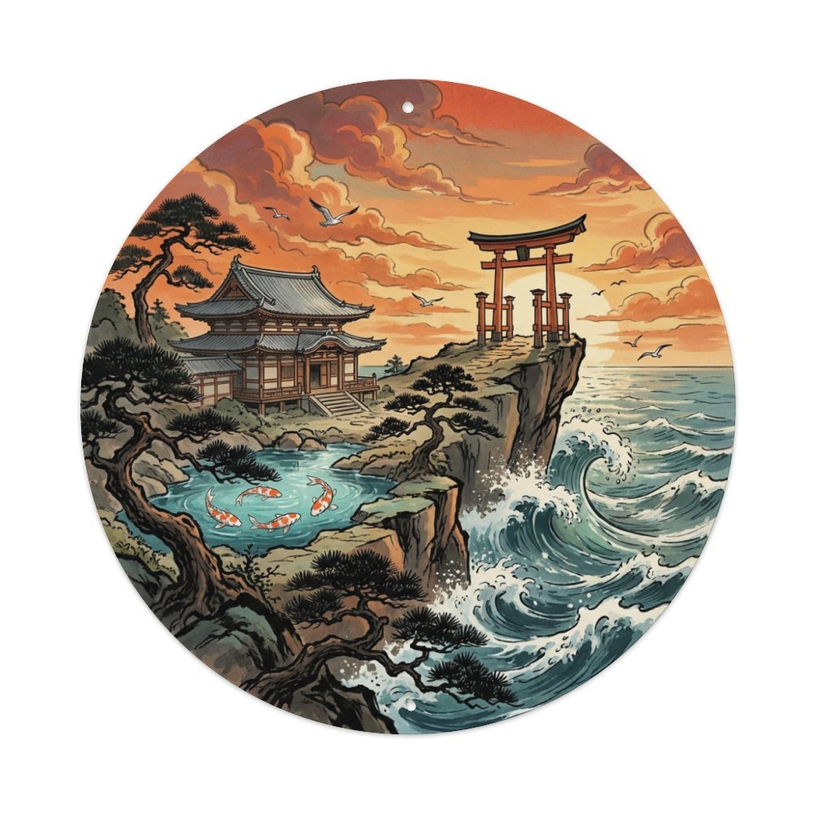 Galvaxio Style Japanese Koi Fish Cliff Overlook Ocean Waves Metal Tin Sign