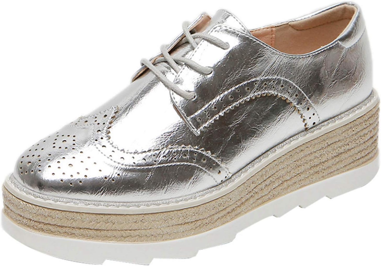 Women's Platform Creepers - Solid Color Brogue Low-Top Lace-Up Casual Anti-Skid Durable Fashion Daily Silver Shoes