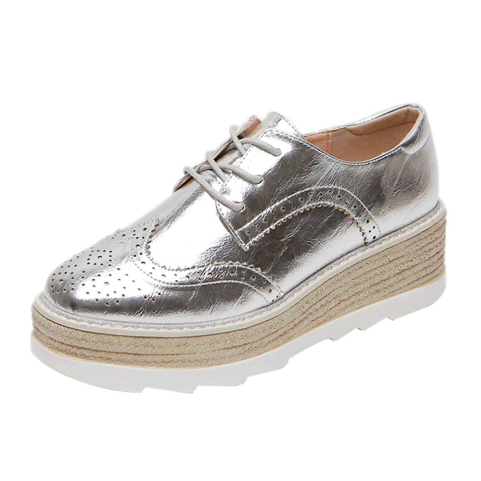 Women's Platform Creepers - Solid Color Brogue Low-Top Lace-Up Casual Anti-Skid Durable Fashion Daily Silver Shoes