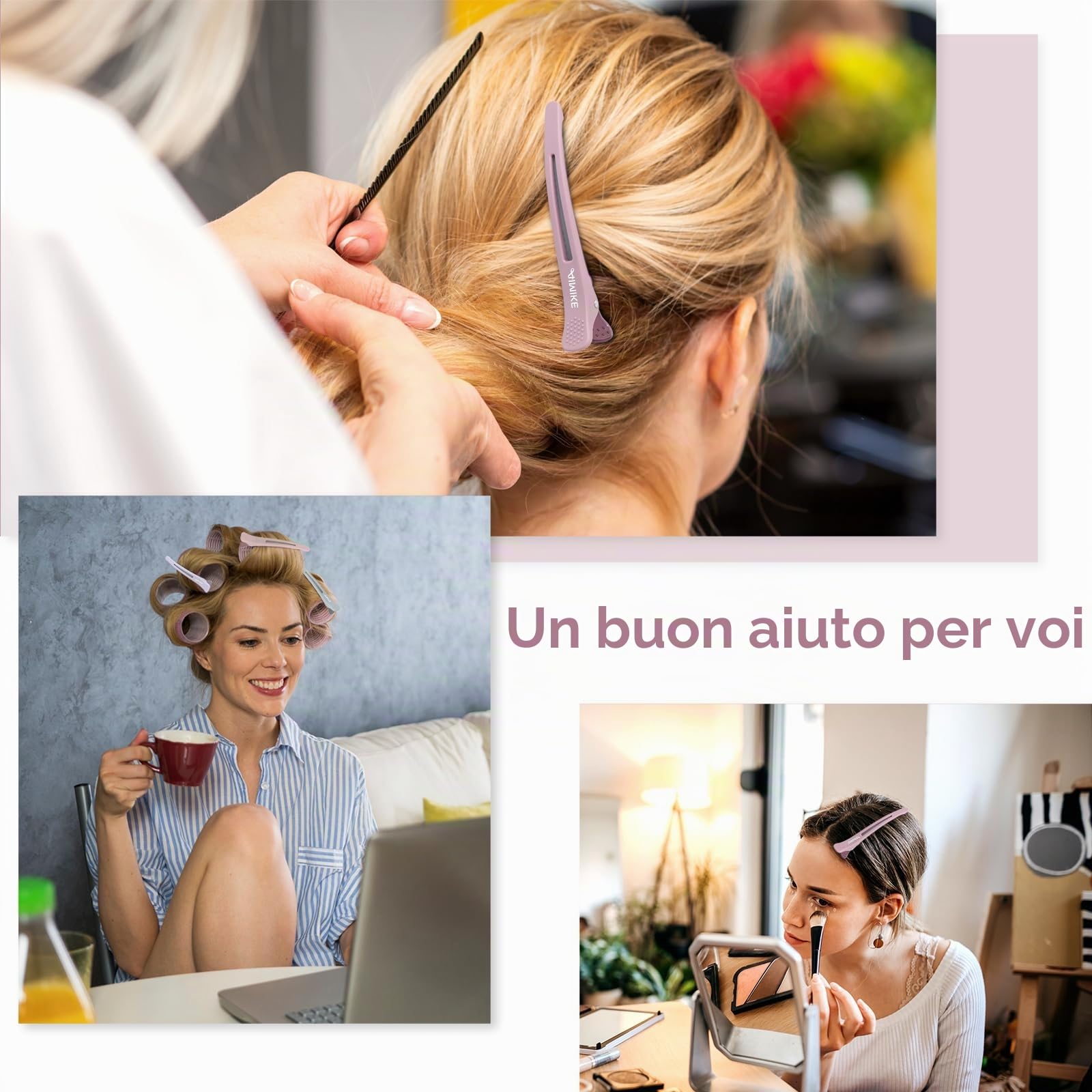 AIMIKE 6 Pezzi Fermagli per Capelli per lo Styling Della Sezione, Pinze per Capelli a Becco D'anatra Senza Pieghe con Banda in Silicone, Professionali Fermagli per Capelli per Parrucchieri, Morandi