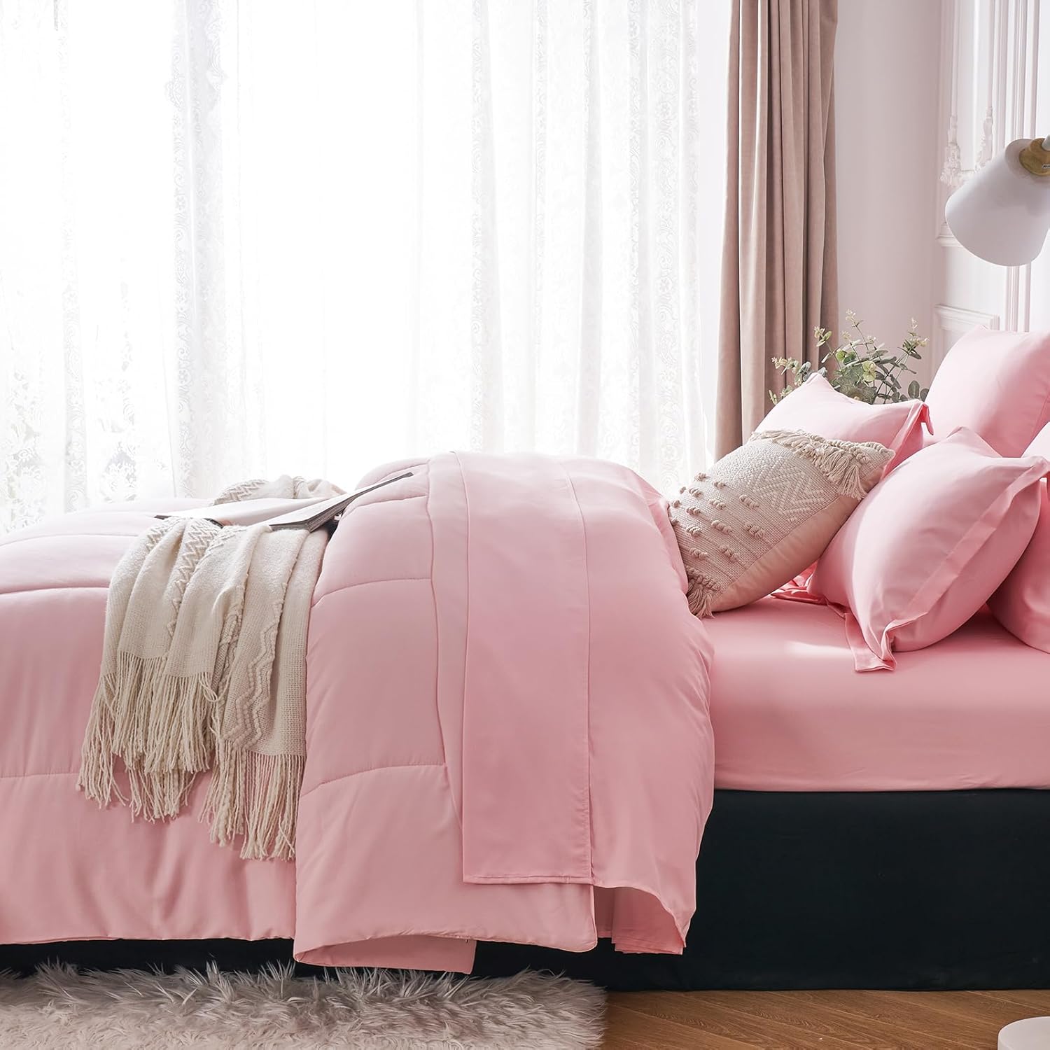 WURUIBO Comforter Set Full Size, Pink 7 Pieces Bed in a Bag, Ultra Soft Full Bedding Set, Bed Set for All Seasons, Bed in a Bag with Comforter, Flat Sheet, Fitted Sheet, Pillowcases, Pillow Shams