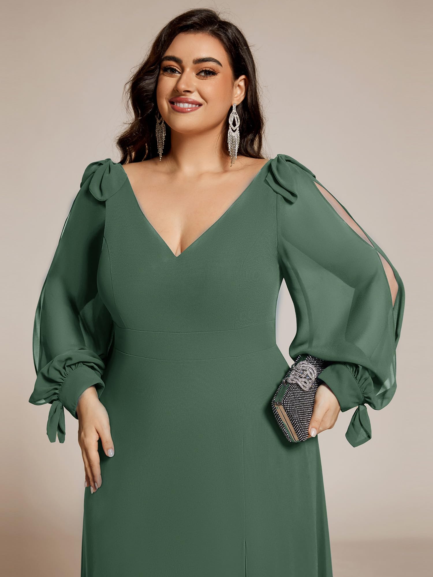 Ever-Pretty Abito formale da donna con scollo a V, elegante, in chiffon, a maniche lunghe, taglie forti, 80116-DA, Eucalipto, 56