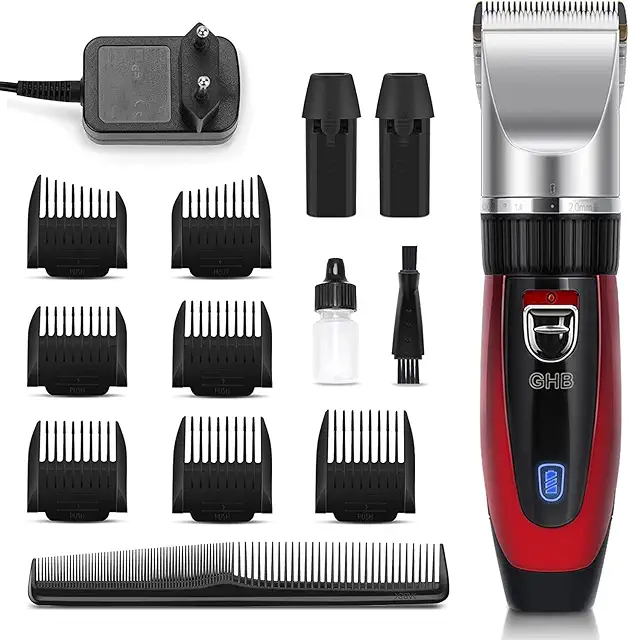 Tondeuse Cheveux Professionnelle Sans Fil GHB avec 7 Peignes et 2 Batteries