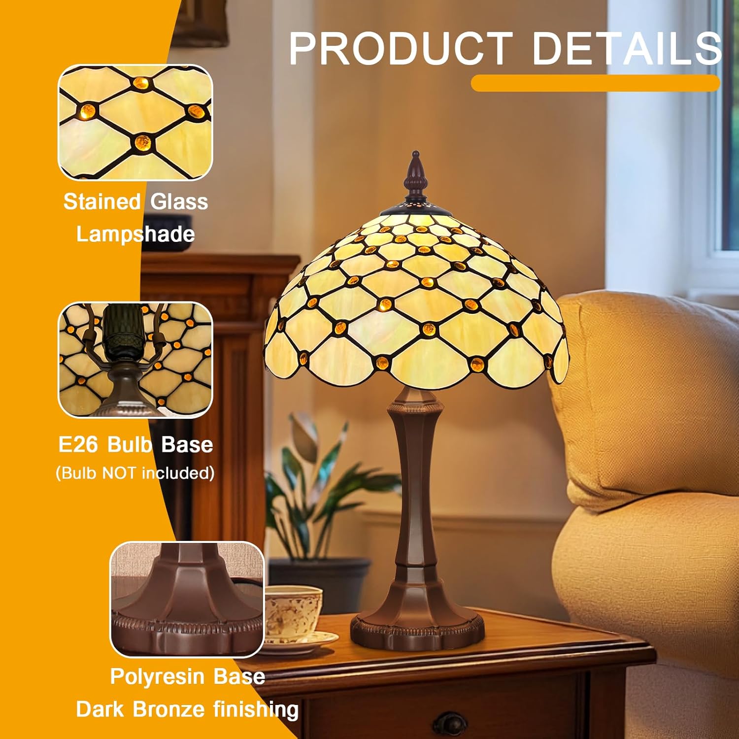 Capulina Tiffany Lamp Stained Glass Table Lamp 12x12x19 Inches Amber Beads Color Tiffany Style Desk Reading Lamp Decor for Home Office Bedroom Living Room