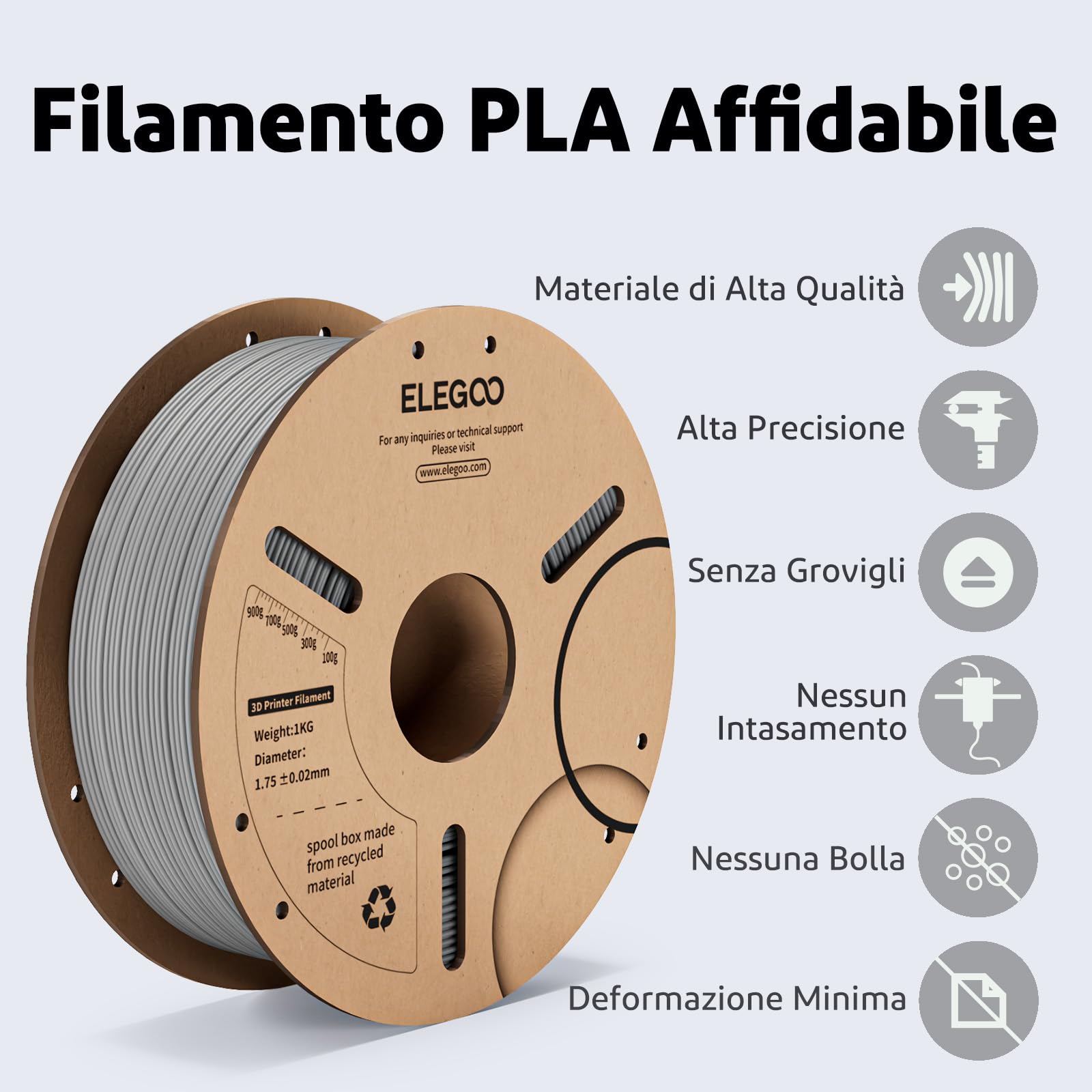 ELEGOO Filamento PLA 1.75mm Grigio 1KG, Filamento per Stampante 3D, Precisione Dimensionale +/- 0.02mm, Adatta per La Maggior Parte delle Stampanti 3D