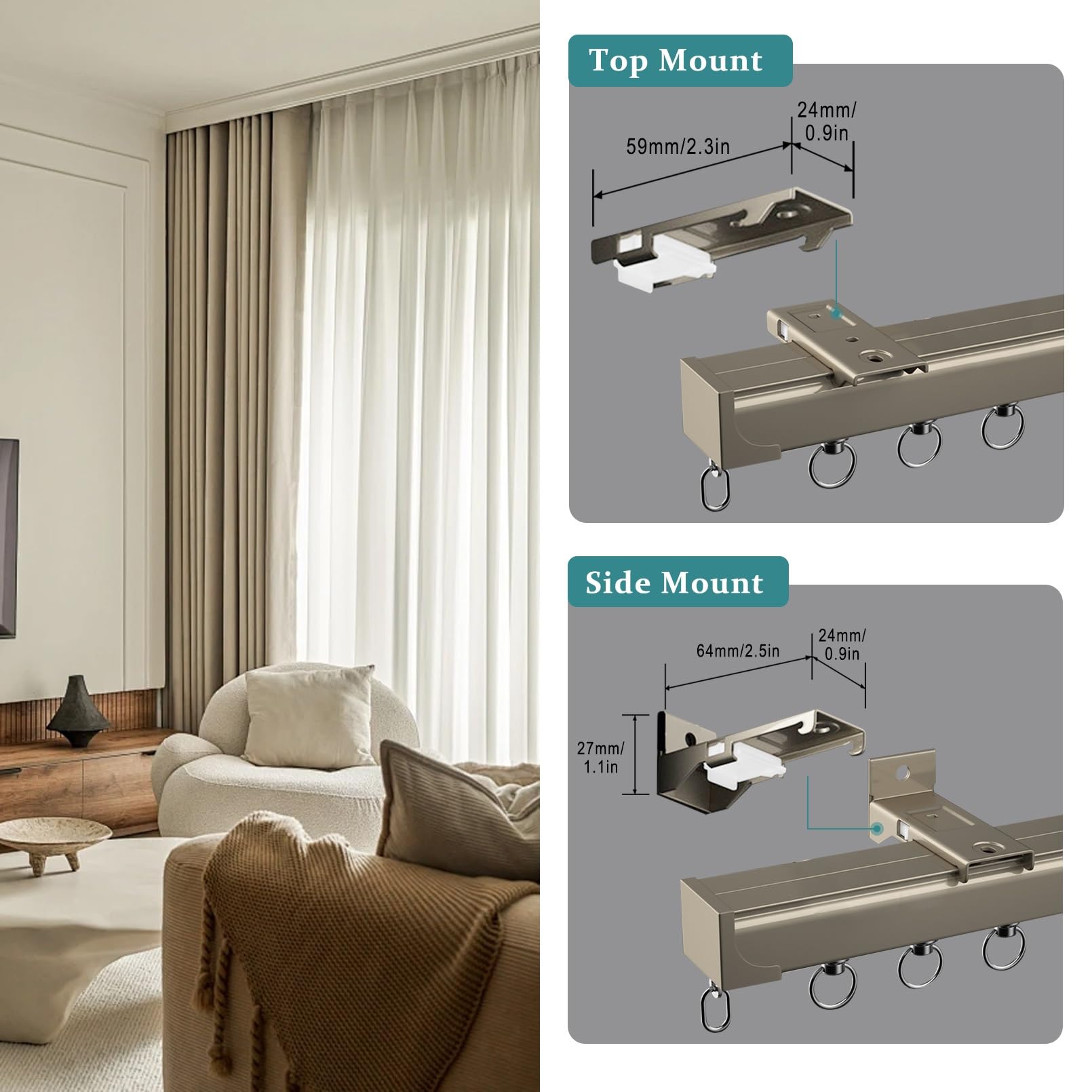 Rail de Rideau en Aluminium, Système de Rail de Rideaux Coulissant Multi-usages, Avec Bande Silencieuse et Rouleaux Coulissants for Les, Grand Rail Carré Ultra-robuste, Rail de Rideaux Plafond(Champag
