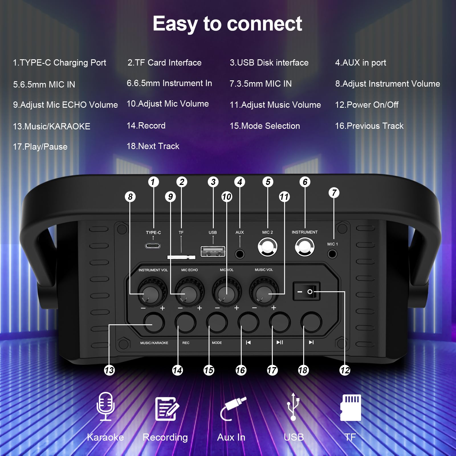 Amplificatore Vocale con 2 Microfono senza fili UHF,Cassa Bluetooth Portatile con karaoke professionale completo,Sistema PA e Bass Boost per Adulti,Bambini,Insegnanti,Feste