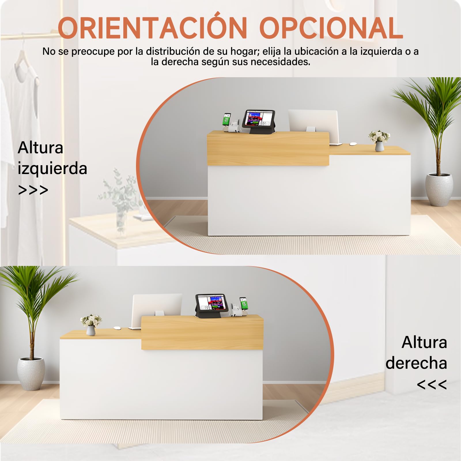 Mostrador de Recepción Moderno de MDF, 100–240 cm, con Cajón y Estantes Abiertos, Mueble de Oficina para Tiendas, Salones, Consultorios y Recepciones