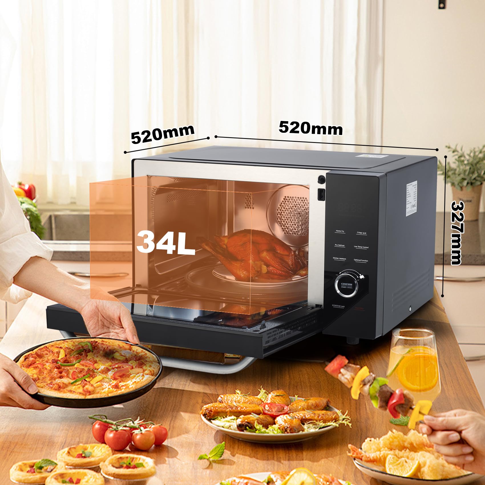 Four Micro-ondes Combiné, 34L, Micro-ondes Multifonctions 4 en 1, Micro-ondes1000W/Grill/Convection/à Air Chaud, 10 Menus Automatiques, Mode ECO, Plateau Tournant 315mm, Noir