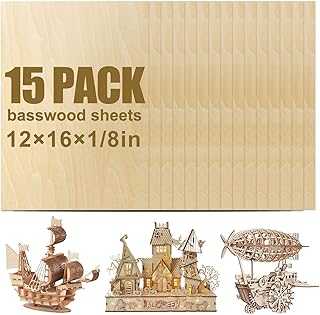 15 Pack Basswood Sheets 12x16x1/8 Inch, Balsa Wood Sheet, 3mm Plywood for Laser Cutting & Engraving, Unfinished Wood for DIY Crafts, Models, Ornaments, and Drawing Projects