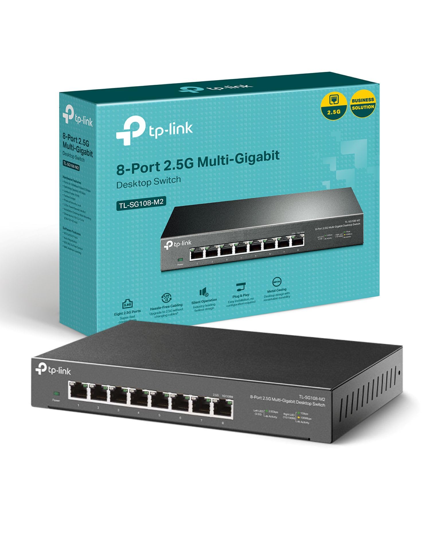 TP-Link TP-Link Switch 2.5 Gigabit 8 Ports, Boitier Métal, Silencieux sans Ventilateur, Plug-and-Play, Protection à Vie, 100/1000/2500Mbps pour PC, NAS, Serveur, Console de Jeu, Vidéo 4K/8K, TL-SG108-M2