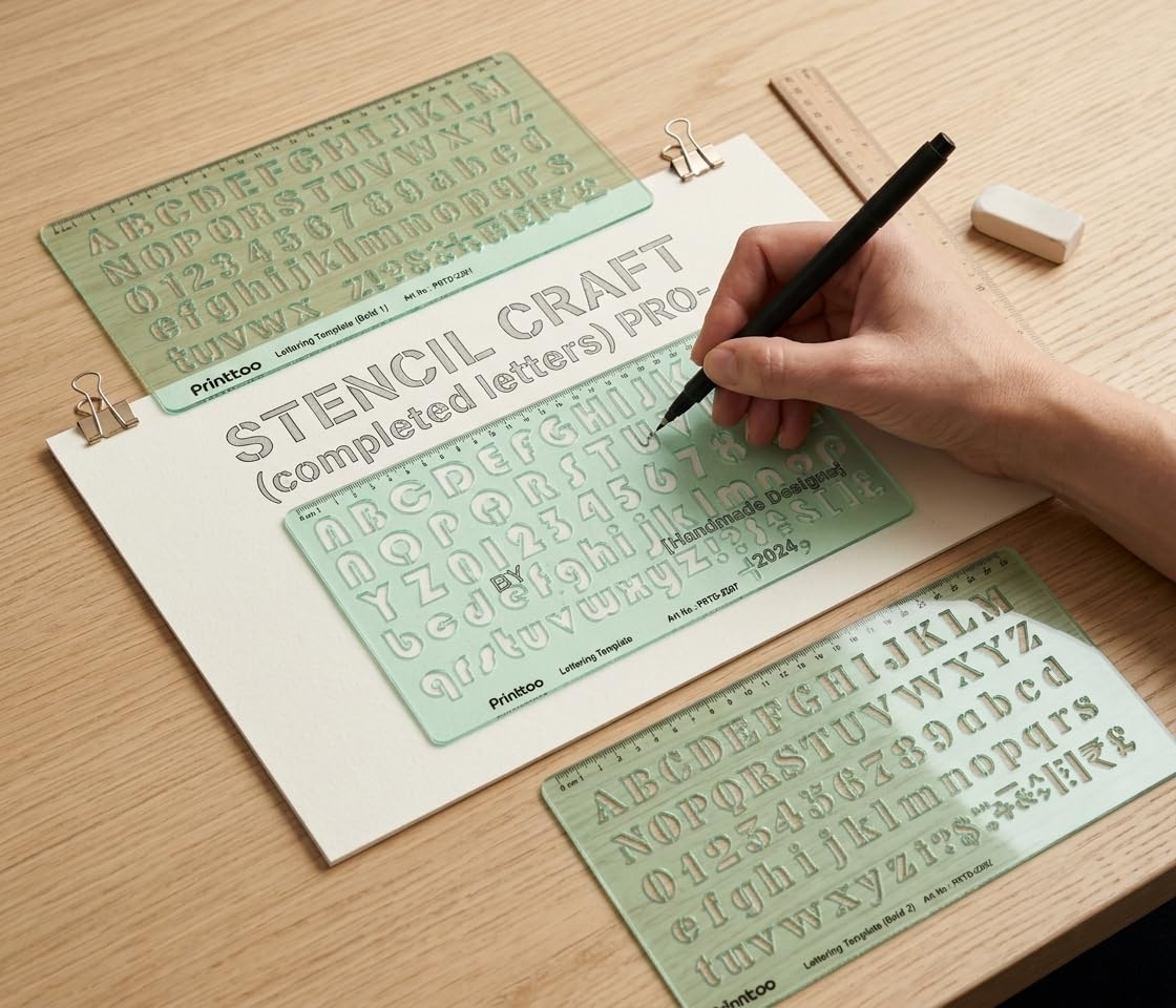 Printtoo Set di 6 stencil per scrittura con lettere dell'alfabeto, numeri, simboli, 6 fogli da 2 mm, in acrilico, con caratteri maiuscoli e minuscoli, righelli per cartelli, poster, diari, scuole