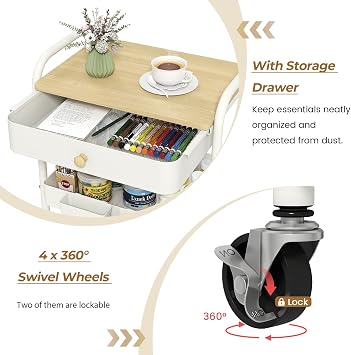 danpinera 3 Tier Rolling Cart, Metal Utility Cart with Wooden Table Top & Drawer, Rolling Carts, Storage Cart with Hanging Cups for Kitchen, Bathroom, Office