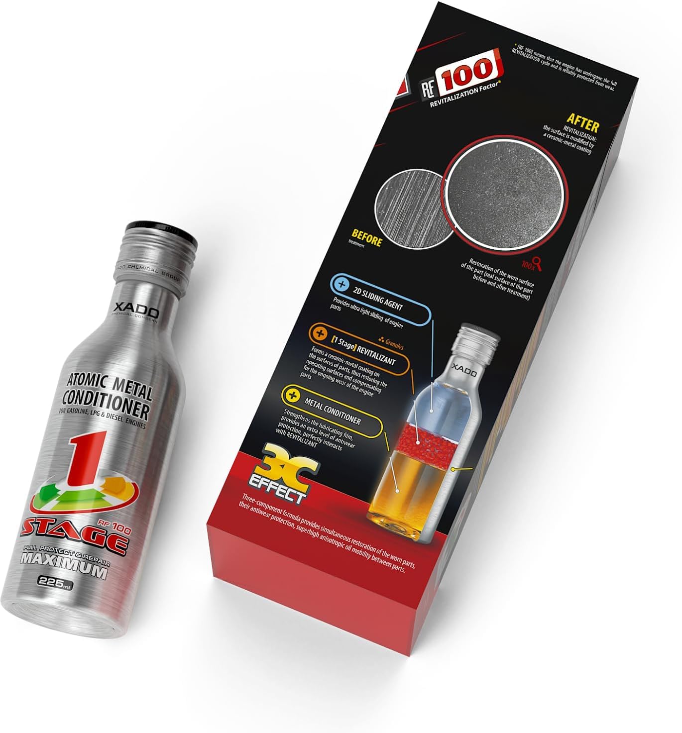 XADO Additivo per olio motore per la riparazione e la protezione dall'usura - Condizionatore Atomico del Metallo con Revitalizant® - 1Stage Maximum, 225ml (per volumi di olio fino a 5lt)