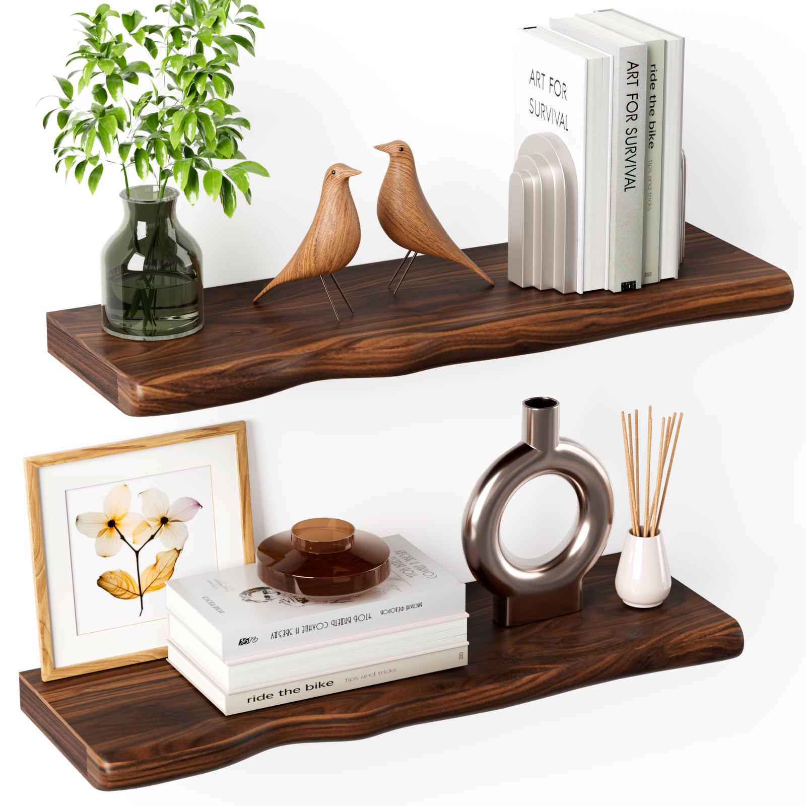 Condition photo showing New/Like New for solid wood live edge floating shelves set of 2 - 24" rustic wall shelf with hidden bracket system, wall mounted shelves for bathroom, kitchen, living room, bedroom (walnut)