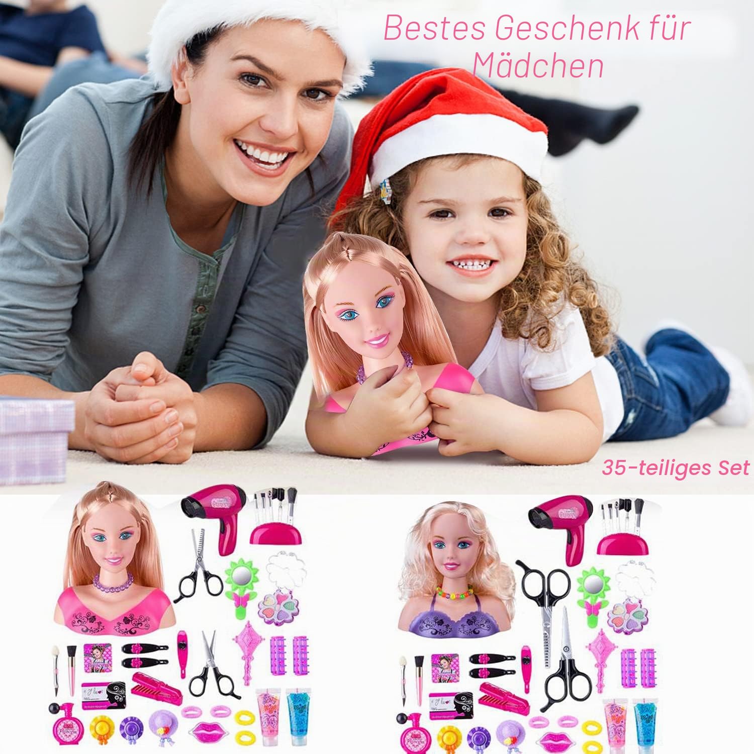 Frisierkopf, 35 Stück Kopf zum Frisieren und Schminken, Spielzeug für Mädchen für 1 9 Jahre, Puppe Styling Head Hairdressing (Rosa), Tete a coiffer