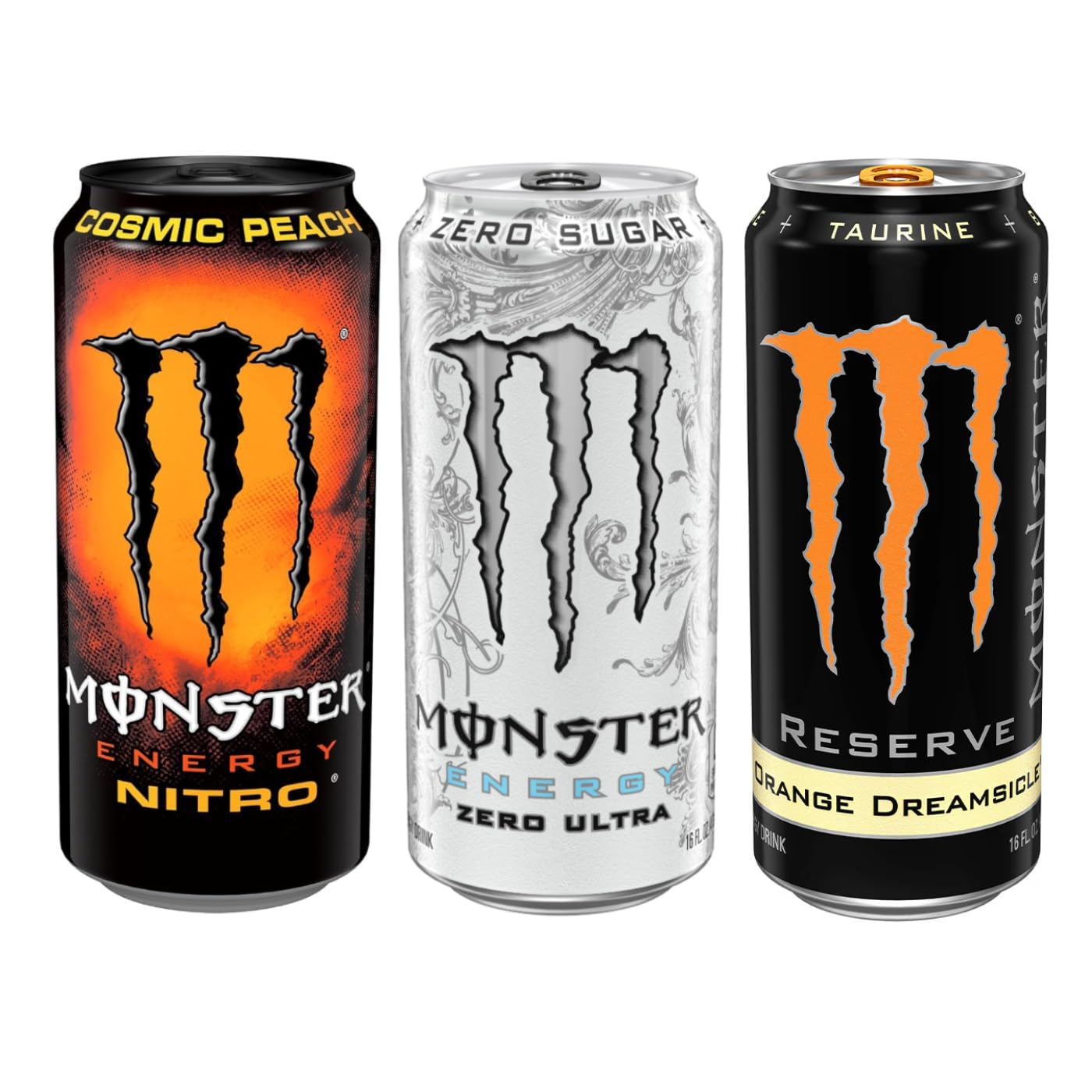 Monster Nitro Cosmic Peach, Monster Ultra White Zero Sugar Energy