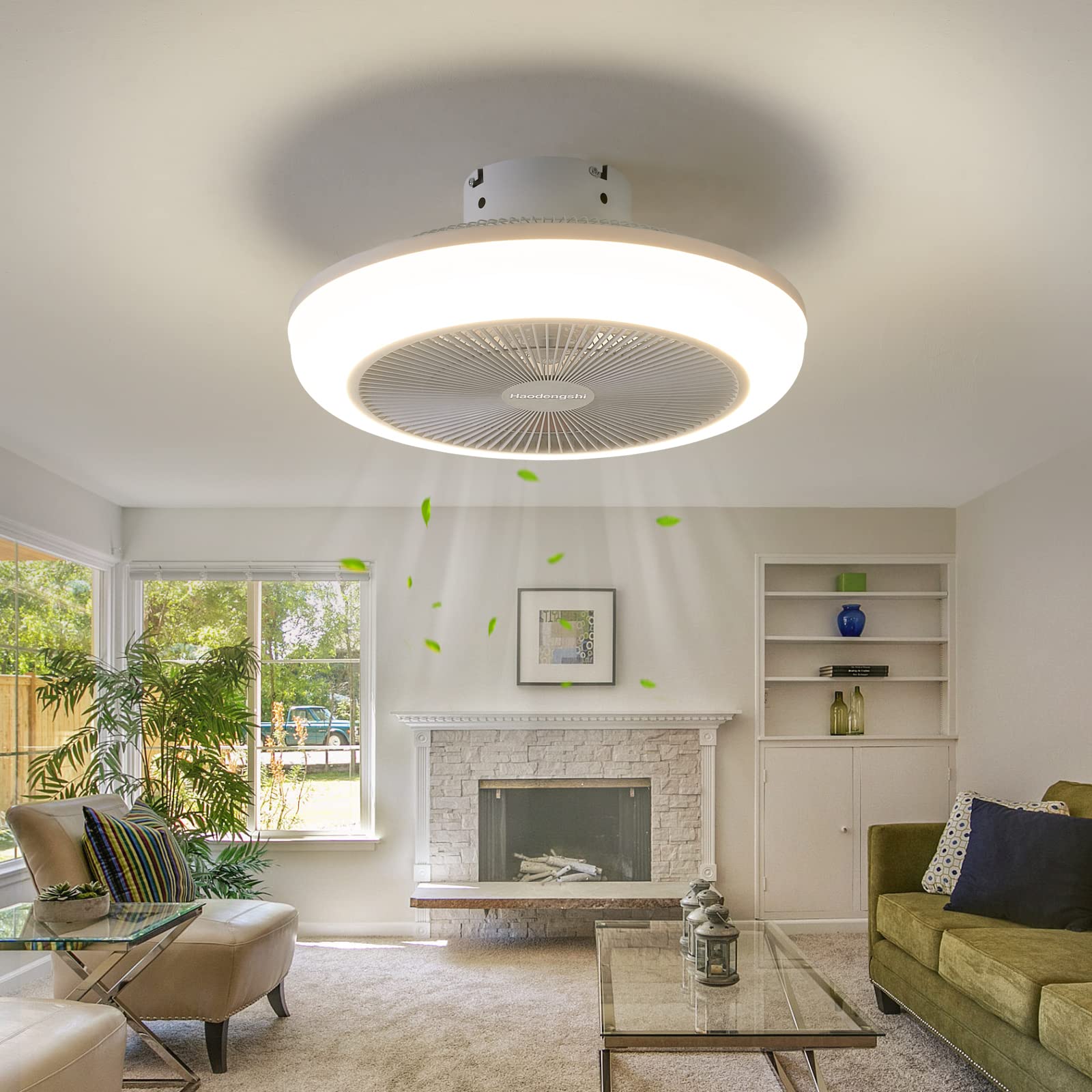 haodengshi 18" Bladeless Ceiling Fan with Light, Small Black Ceiling Fan with Light, 3 Speeds 3 Light Color Flush Mount Ceiling Fan with Light for Kitchen Bedroom