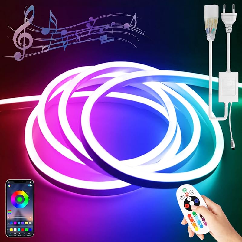 BRIMETI RGB Neon LED Szalag 20m Vízálló IP65 Távirányítós Bluetooth Applikációs Vezérlés Kültéri Beltéri Dekoráció
