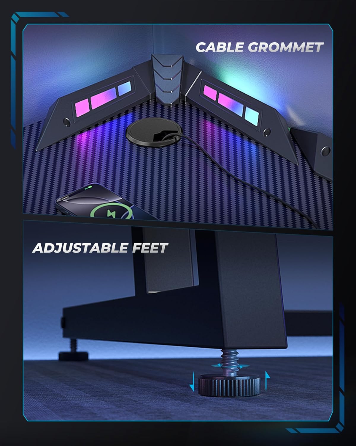 CubiCubi 47 Inch Ergonomic Gaming Desk, Z Shaped Table with LED Light, Carbon Fiber Surface Computer Desk, Black - Image 5