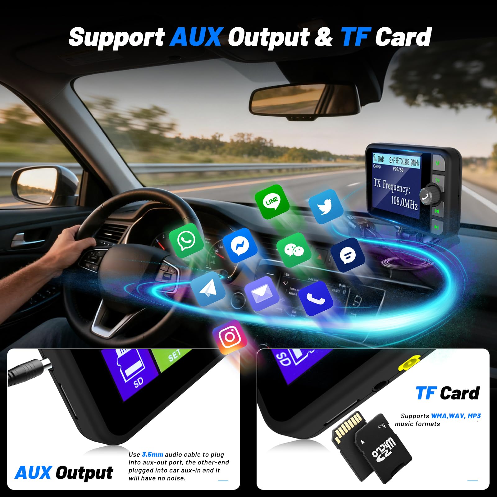 DAB/DAB+ Adapter für Auto - 2,4 Zoll LCD Display mit FM-Sender & Bluetooth für Autoradio - AUX-Eingang & TF-Karten MP3-Player - Autoscan & Service-Following Funktion