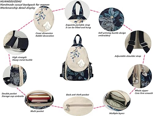 Vista 140 de HUANGGUOSHU Mujer de algodón tejido bohemio cáñamo Boho lona bordado múltiples bolsillos retro linda mochila cartera mochila mochila gato caprichoso