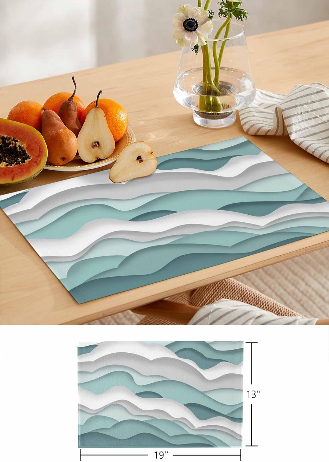 Placemats Set of 6 Turquoise Ombre Abstract Geometric Ocean Waves Washable Dining Table Mats & Foldable Place Mats for Kitchen Decor Accessories Table Indoor/Outdoor(13"x19")