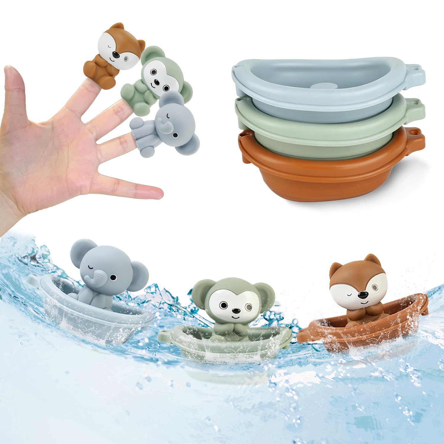 Auvitaya Baby Bath Toy Stackable Infant Bathtub Toys Stacking Floating Boat Train with Animal Finger Puppets Bath Toy Silicone Hand Puppet Educational
