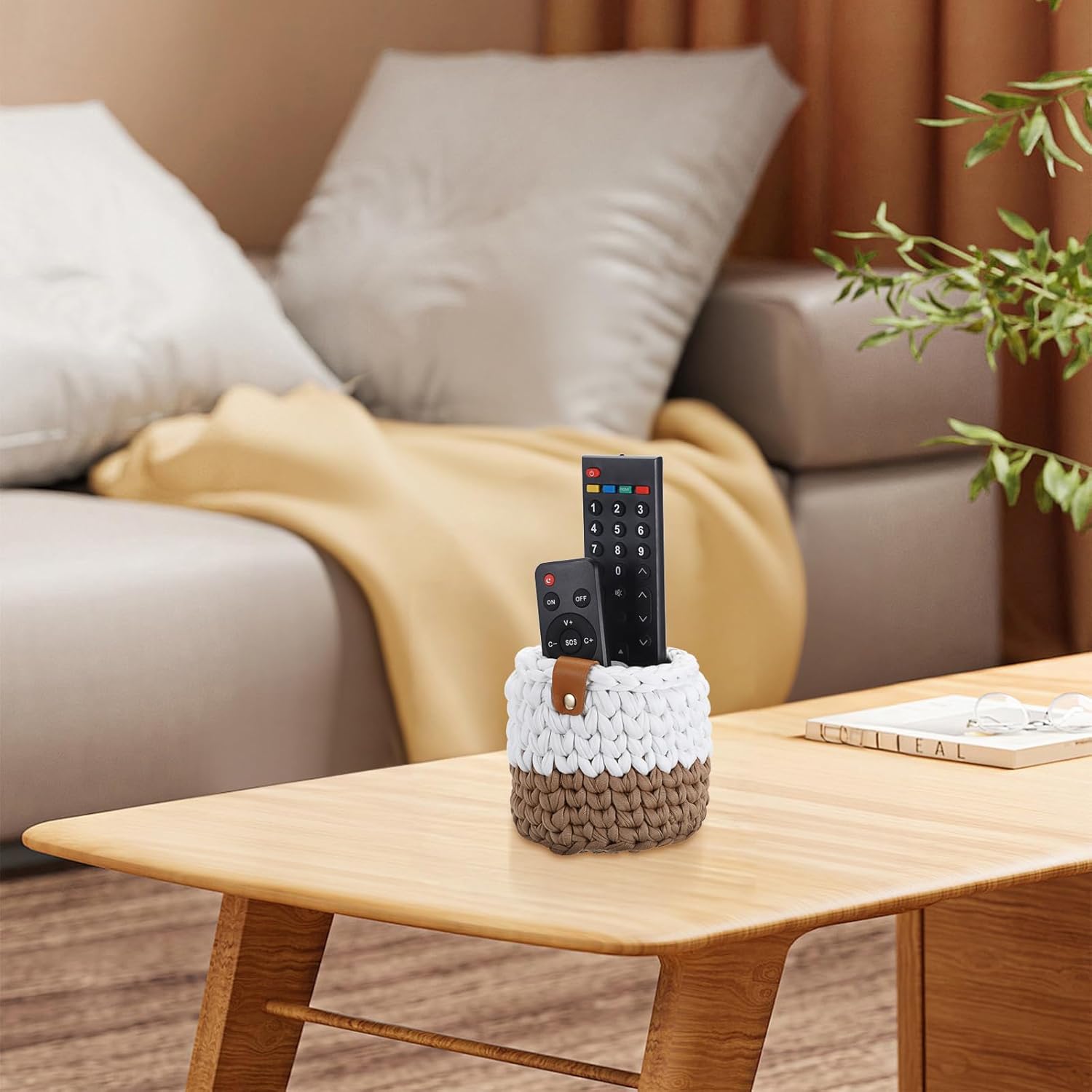 JUXYES Double Eyeglasses Holder for Nightstand, Boho Woven Protective Glasses Holder Stand with 2 Sections, Soft Glasses Stand Case Eye Glasses Storage Organizer for Nightstand, Desk, Office