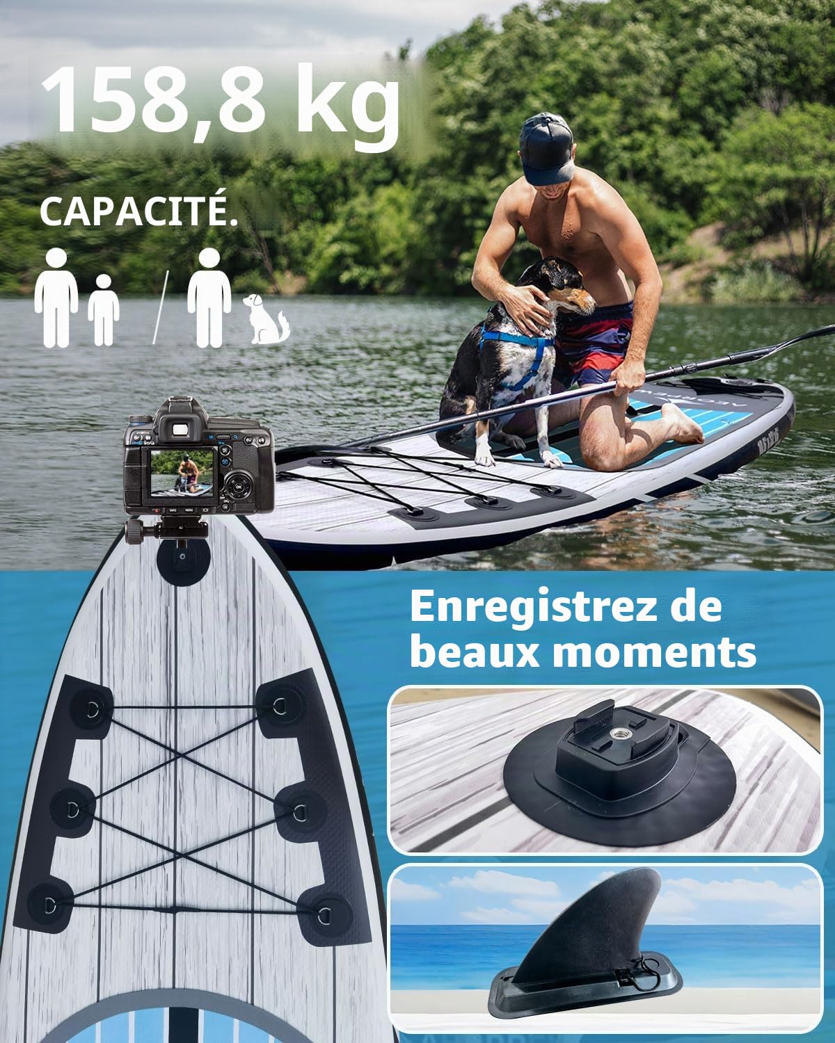 Planche à pagaie gonflable de 3,2 m pour adultes, planche à pagaie de 81,3 cm de large avec accessoires de planche à pagaie de qualité supérieure avec pont antidérapant, pompe à main, pagaie