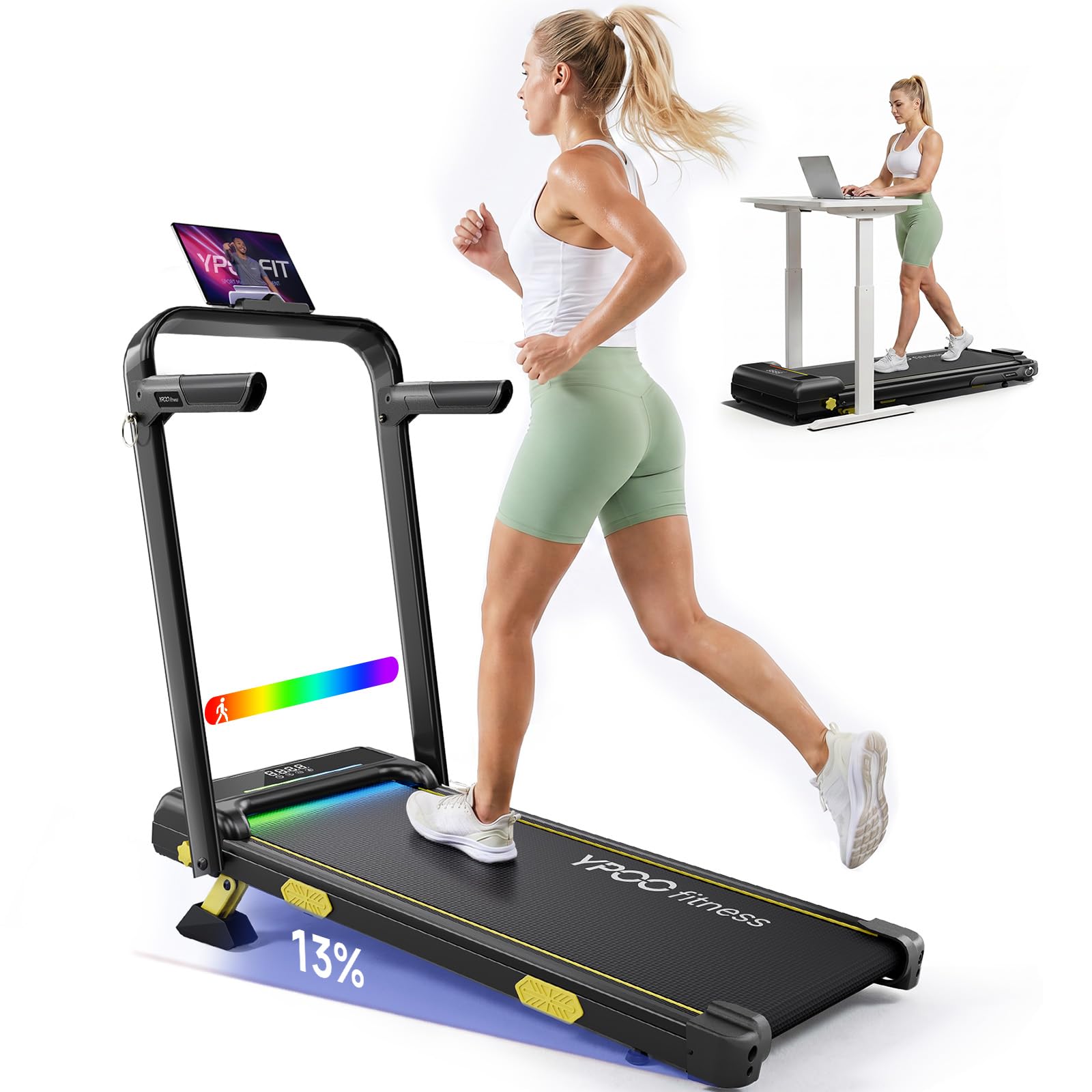 YPOO-US YPOO Foldable Treadmill with Incline, Walking Pad with Handle Bar 3 Level Incline, Portable Folding Treadmills for Home/Office 300 Lbs Capacity, Quiet Desk Treadmill with Remote Control & APP