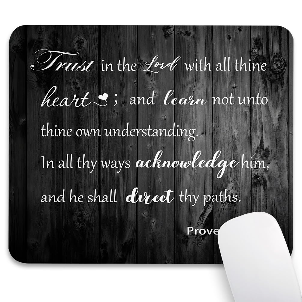 knseva. Trust in The Lord with All Thine Heart Mouse Pad 9.5"x 7.9", Reinforced Stitched Edges, Durable Anti-Slip Gaming Mat Desk Decor, Christian Bible Verse Scripture Quote, Rustic Black Wood Grain