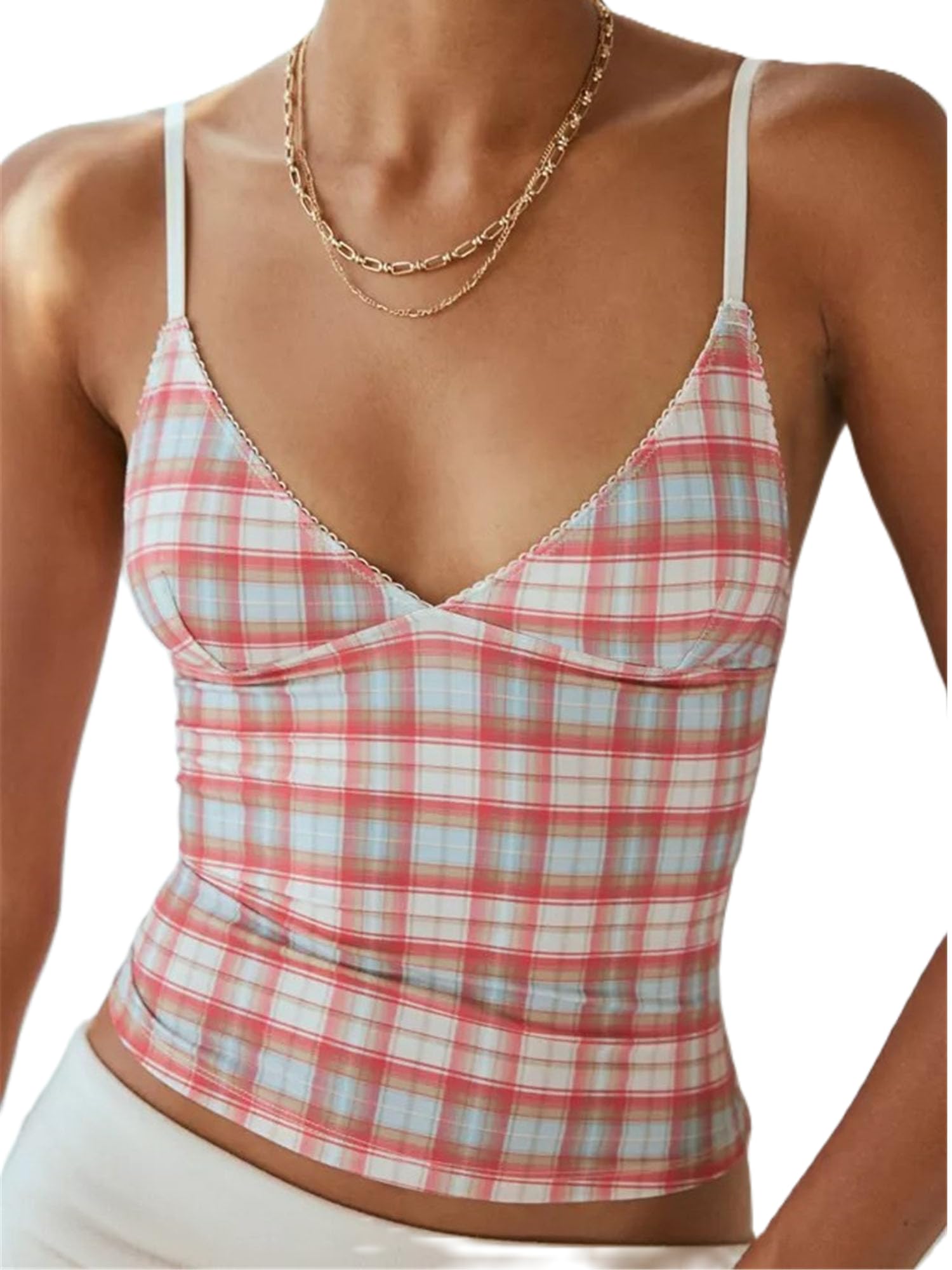 YILEEGOO Women Spaghetti Strap V Neck Camisole Casual Slim Fit Lace Trim Crop Tank Tops Polka Dots/Floral/Plaid Print Backless Vest Tops (Red Plaid, L)