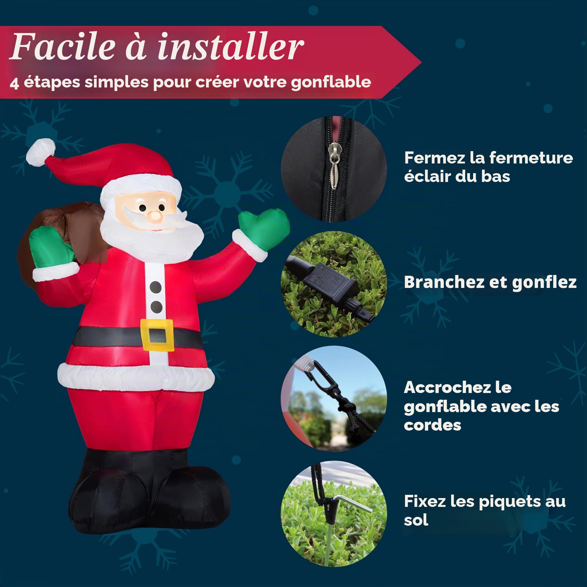 Joiedomi Père Noël gonflable de 1,8 m Sac cadeau de Noël géant gonflable à LED pour décoration de cour, intérieur ou extérieur