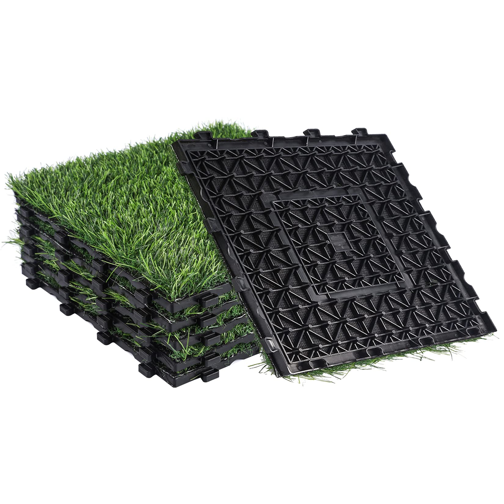 6 PCS Artificial Grass Turf Tiles 1x1 ft, Interlocking Fake Grass Deck Tiles with Non-Woven Fabric Bottom for Indoor Outdoor Decor
