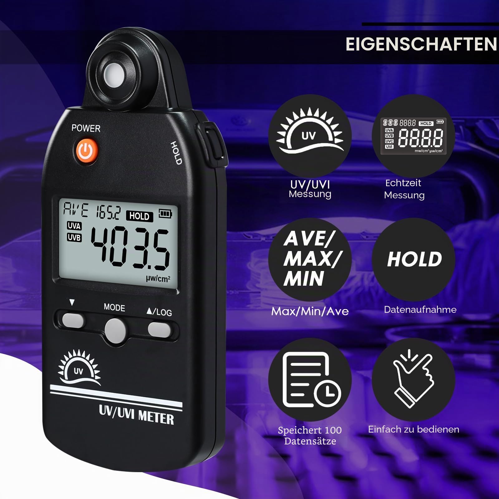 UV Meter Digital UVB Messgerät 280-400nm UV Index Meter 0-5000μW/cm² UV Detektor 100 Gruppen Datensatz für Reptilien