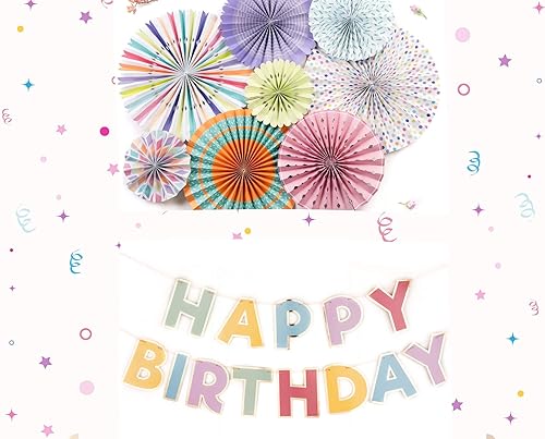 Paquete  Juego de decoración de pared con diseño de banderines de feliz cumpleaños y abanico de papel de origami (colores pastel arco iris)