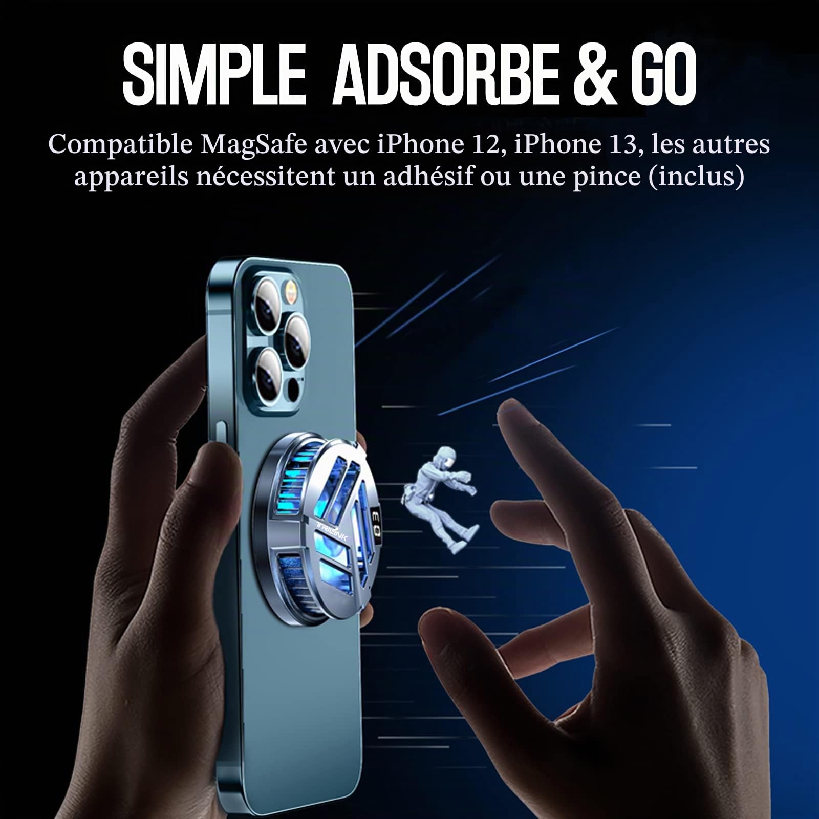 TRILINK Refroidisseur magnétique de téléphone avec chargement sans fil, ventilateur de refroidissement de téléphone pour iPhone/Android/iPad/Tablette, compatible avec l'iPhone 12/13 MagSafe