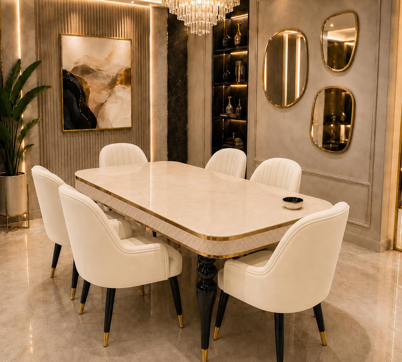 6 Seater Dining Table Set with Nano Composite Marble Top, Solid Wood Base & 6 Upholstered Chairs, Modern Dining Table Set for Home & Dining Room Furniture (Cream)-image-37