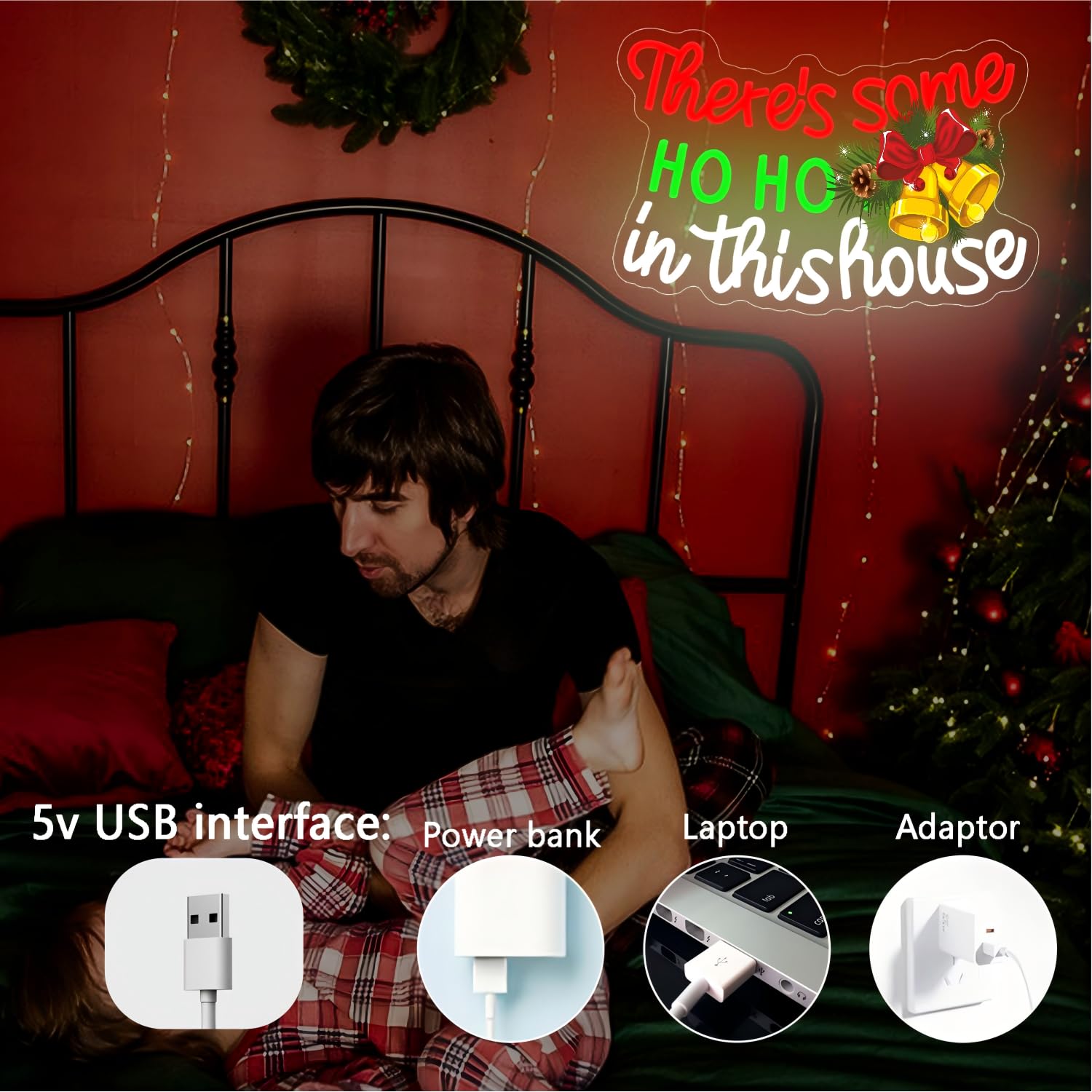 Letrero de neón de Navidad Ho, letrero LED de Navidad regulable con texto en inglés "There's Some Ho Ho Hos In This House", letrero de neón iluminado para regalo de Navidad, dormitorio, sala de estar